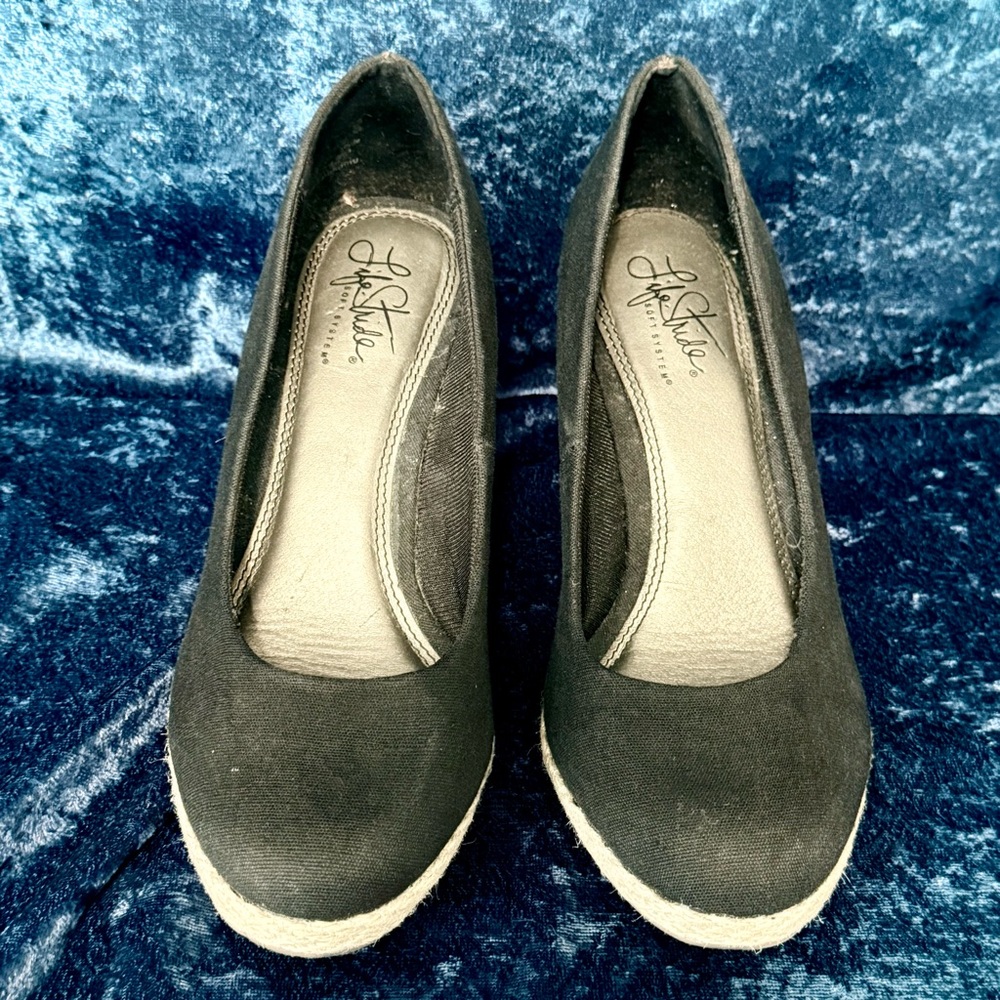LifeStride Dexflex Black Canvas Cork Wedge Sandals Size 8 Cushion Comfort